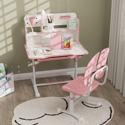 AIYAPLAY Height Adjustable Kids Desk and Chair Set, Children School Study Desk with Tiltable Desktop, Reading Rack