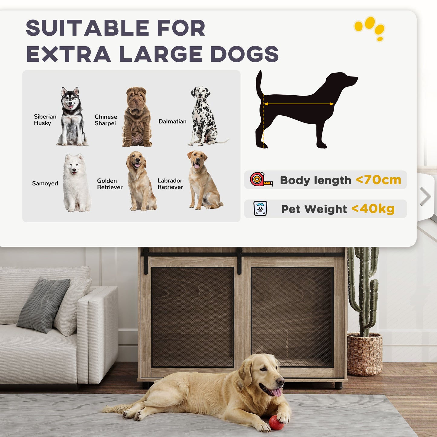 Dog Crate Furniture Side Table | Barn Door & Side Door | 3-Sided Ventilation | Extra Large Dogs up to 40kg | 118 x 75.5 x 82cm | Walnut Brown