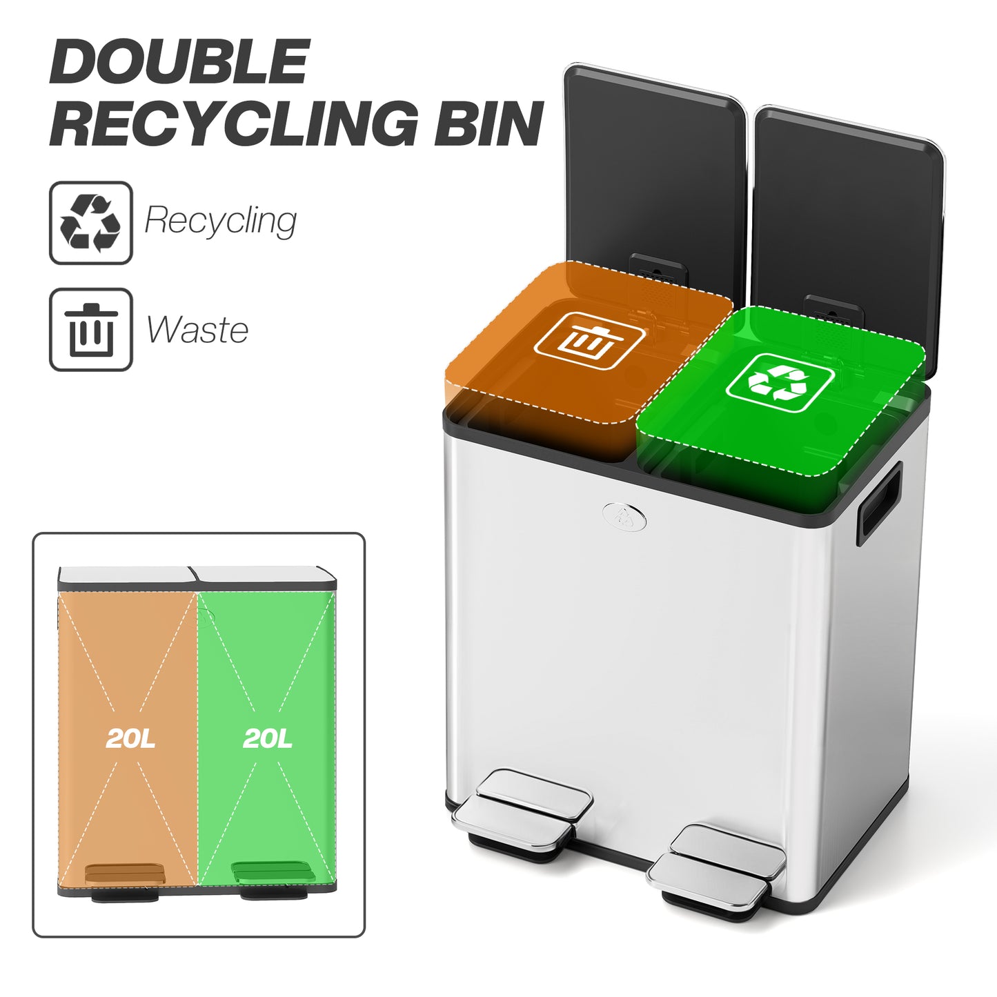 40L Dual Compartment Stainless Steel Bin, with Deodoriser Holders - Silver Tone / Gold Tone