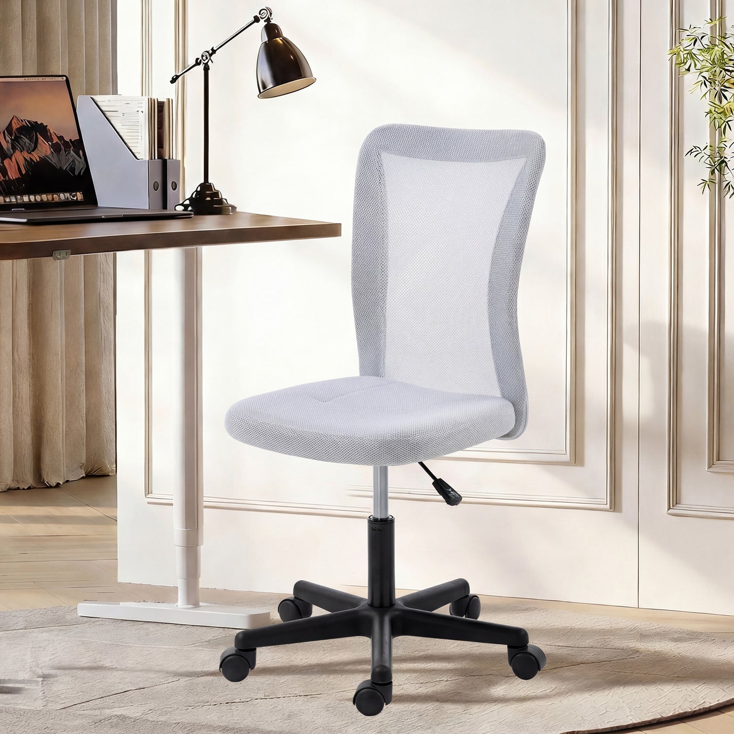 Armless Mesh Office Chair | 360° Swivel | Adjustable Height 40-52cm | 6cm Padded Seat | Breathable Mesh Back | 120kg | Space Saving | White