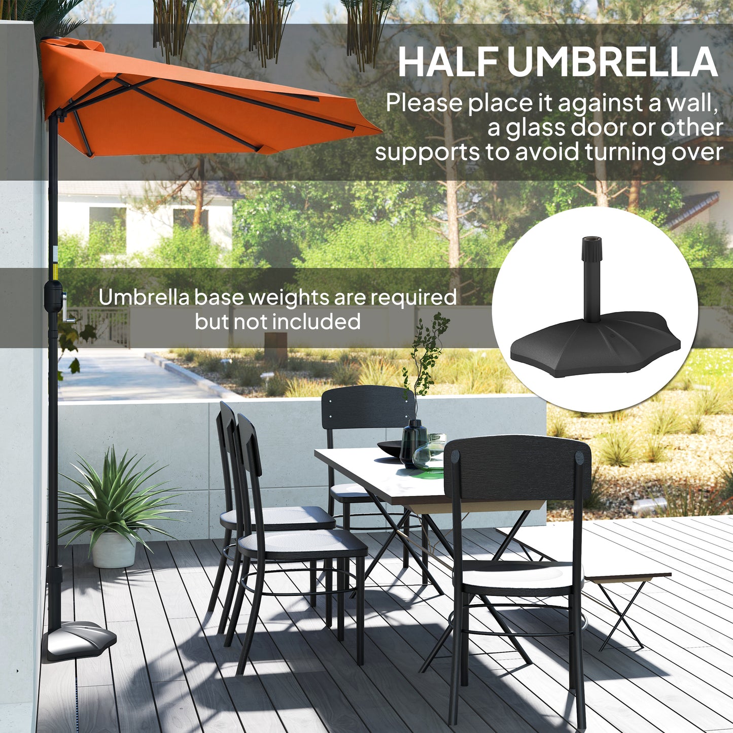 Half Round Wall Parasol Umbrella | UV & Splash Resistant Polyester | Powder-Coated Metal Frame | Crank Handle | Ideal for Balcony Patio & Small Gardens | 269x138x236cm | Orange