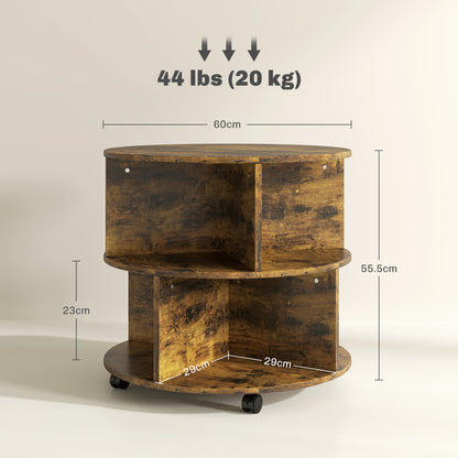 Retro Vintage Style Round Coffee Table with Wheels, 3-Tier Rolling Side Table for Living Room with Divided Shelves, Rustic Brown