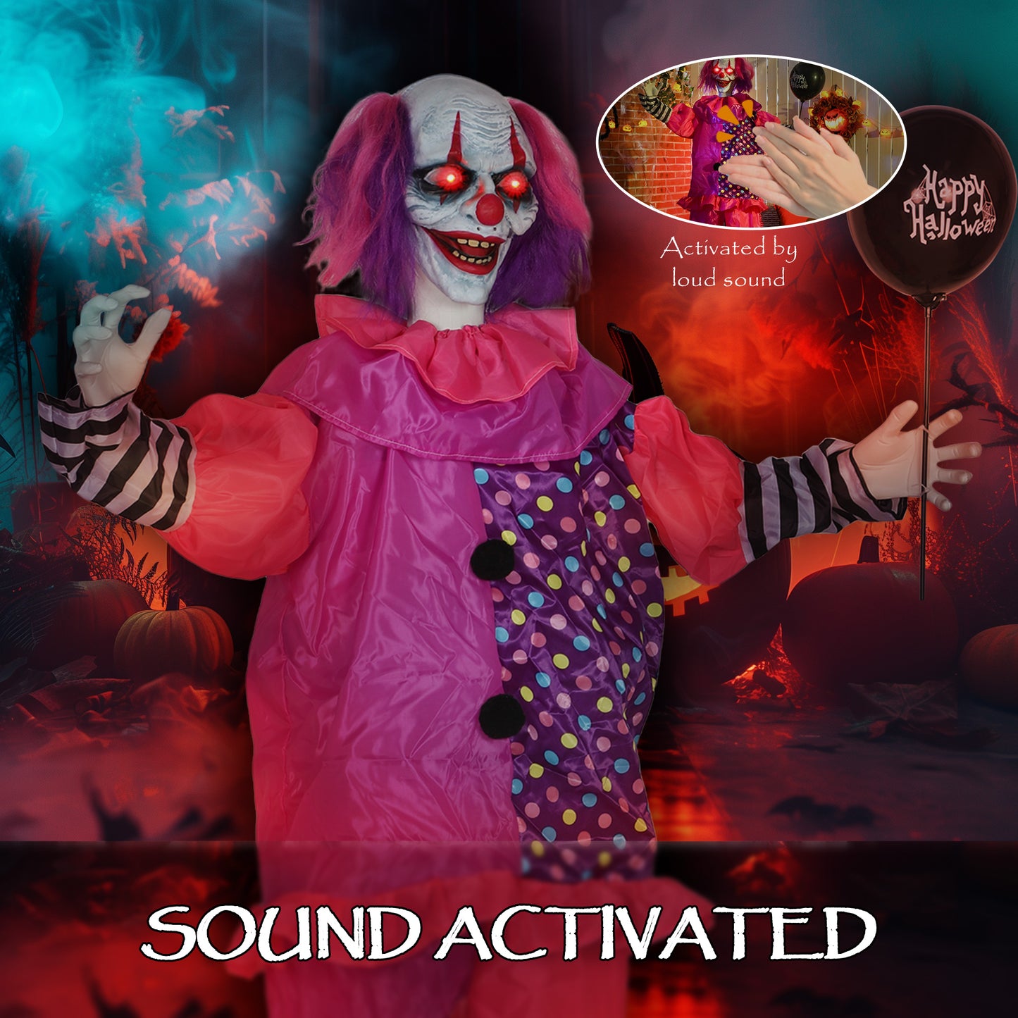 Outsunny 5′7″ Scary Animated Clown Decoration - Pink/Purple