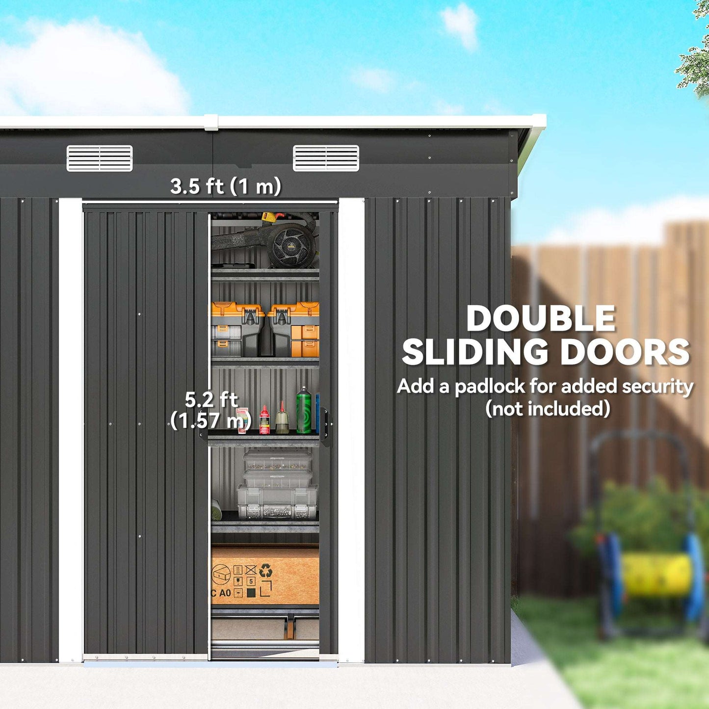 7x4ft Lean-To Metal Garden Shed | Corrugated Galvanised Steel | Sloped Roof | Sliding Door | 2 Front Vents | Foundation Kit Included | 203x130x182cm | Black