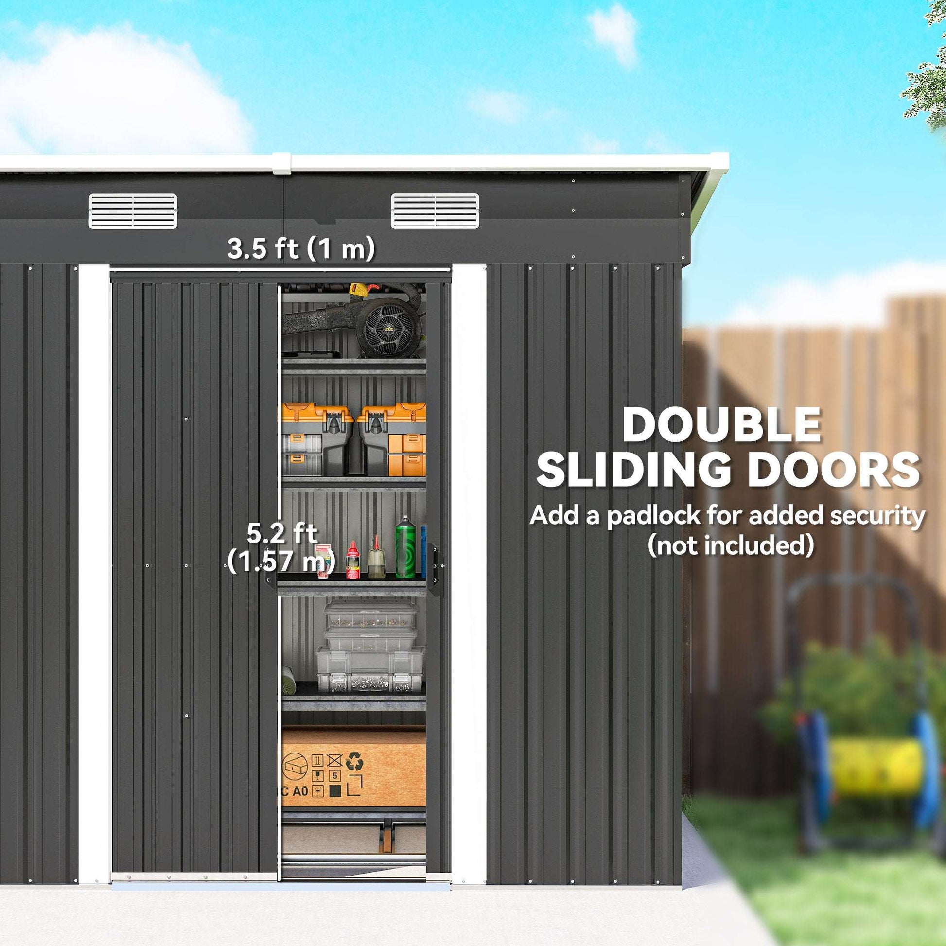 7x4ft Lean-To Metal Garden Shed | Corrugated Galvanised Steel | Sloped Roof | Sliding Door | 2 Front Vents | Foundation Kit Included | 203x130x182cm | Black