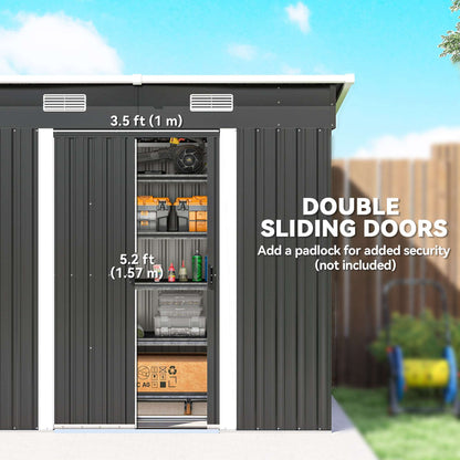 7x4ft Lean-To Metal Garden Shed | Corrugated Galvanised Steel | Sloped Roof | Sliding Door | 2 Front Vents | Foundation Kit Included | 203x130x182cm | Black