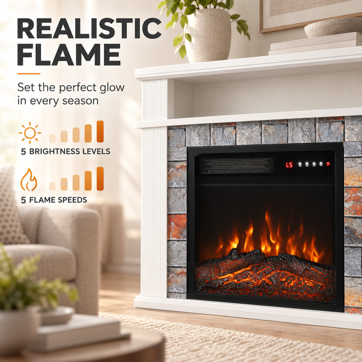 Electric Fireplace Suite | 1800W White Fire & Surround | Open Storage Shelf | Adjustable LED Flames | Remote & 8-Hour Timer