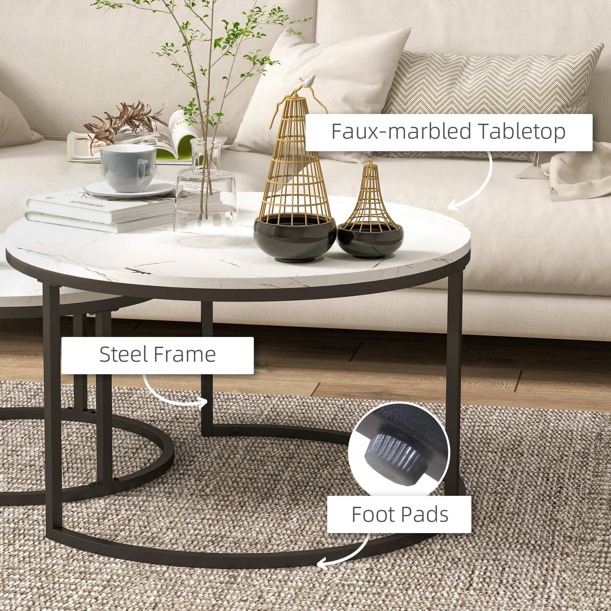 Industrial Nesting Coffee Table Set of 2, Round Coffee Tables, Living Room Table with Faux Marbled Top and Steel Frame