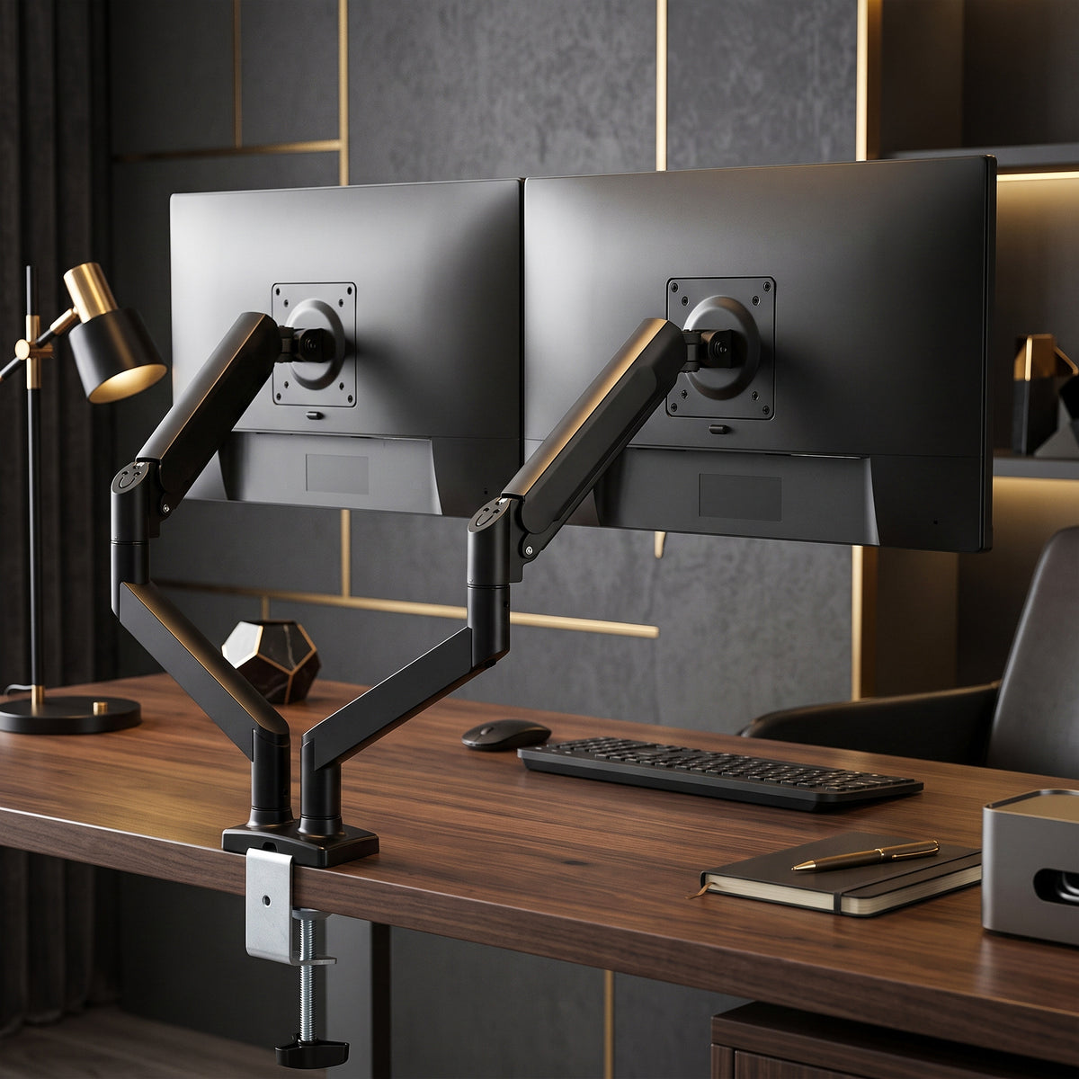 Dual Monitor Arms | 2 Screens up to 32 Inch | Gas Spring Height Adjustment, Tilt & 360° Rotation | 20kg Capacity | Black Steel