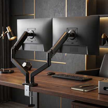 Dual Monitor Arms | 2 Screens up to 32 Inch | Gas Spring Height Adjustment, Tilt & 360° Rotation | 20kg Capacity | Black Steel