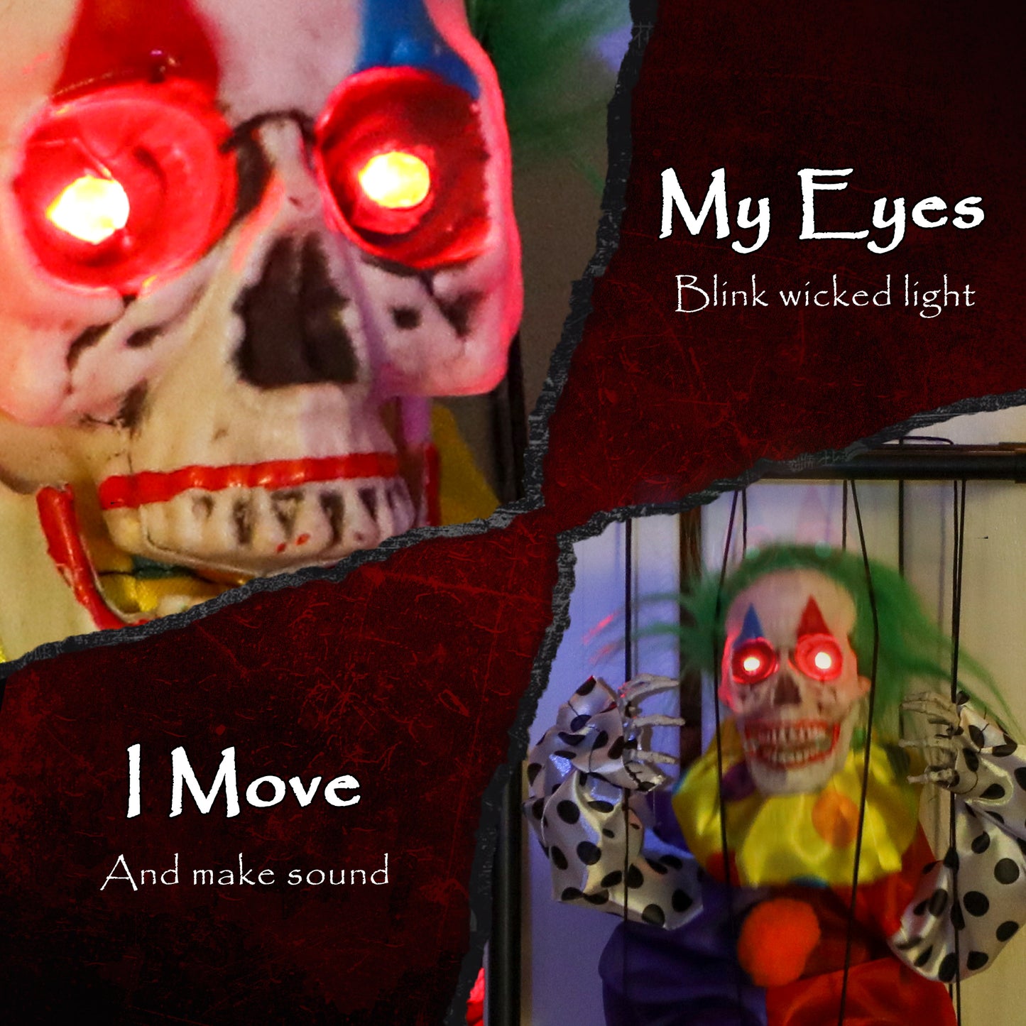 Halloween Animated Hinging Clown in Cage with Glowing LED Eyes, Spooky Clown Scary Halloween Decorations, Battery Operated, Indoor Party Props