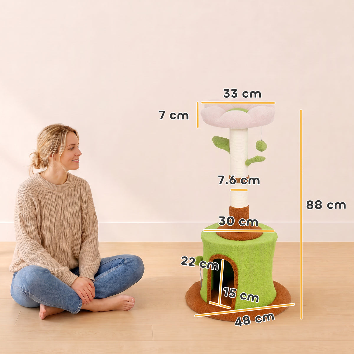PawHut 88cm Flower Cat Tree | Condo & Plush Bed | Sisal Scratching Post | 3 Tiers | 2 Toy Balls & 2 Crinkle Leaves | 270g Plush | Peach Velvet | Freestanding | 48x48x88cm | 5kg Max | Green Pink Brown Beige