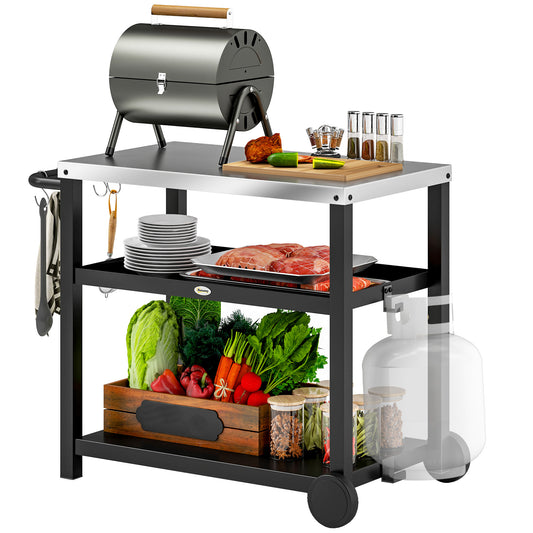 Outdoor Grill Dining Cart 3-Shelf Movable Pizza Oven Table Stand with Stainless Steel Top, Portable BBQ Trolley Food Prep Outdoor Kitchen BBQ Station