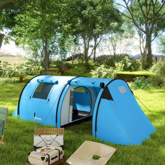Outsunny 3000mm Waterproof Camping Tent, 3-4 Man Family Tent with Bedroom and Living Room, Portable with Bag, Sky Blue