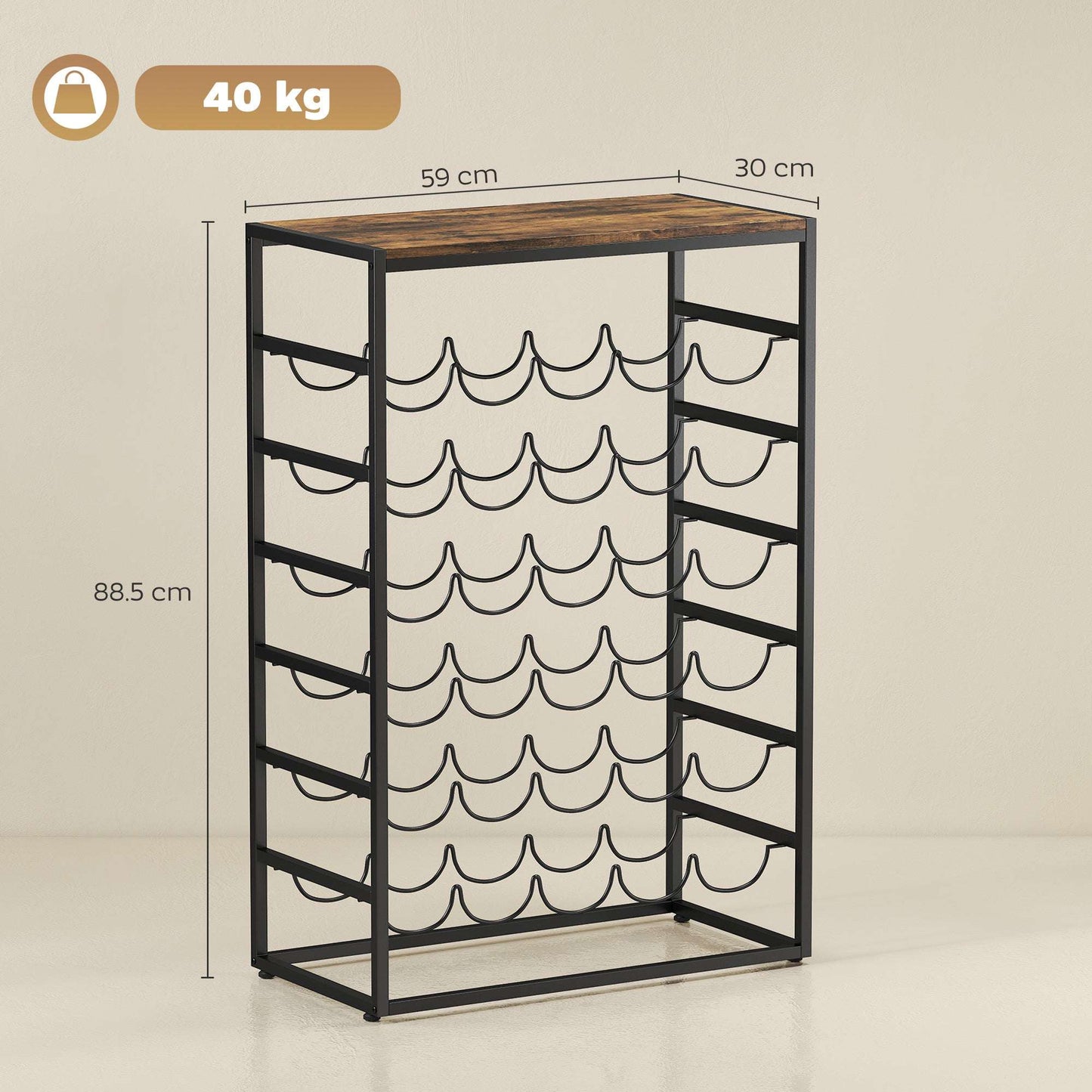 Freestanding Wine Rack | 6-Tier | 30 Bottles | Wood Effect Tabletop | Wave Slots | Anti-Tip | 59x30x88.5cm | Rustic Brown