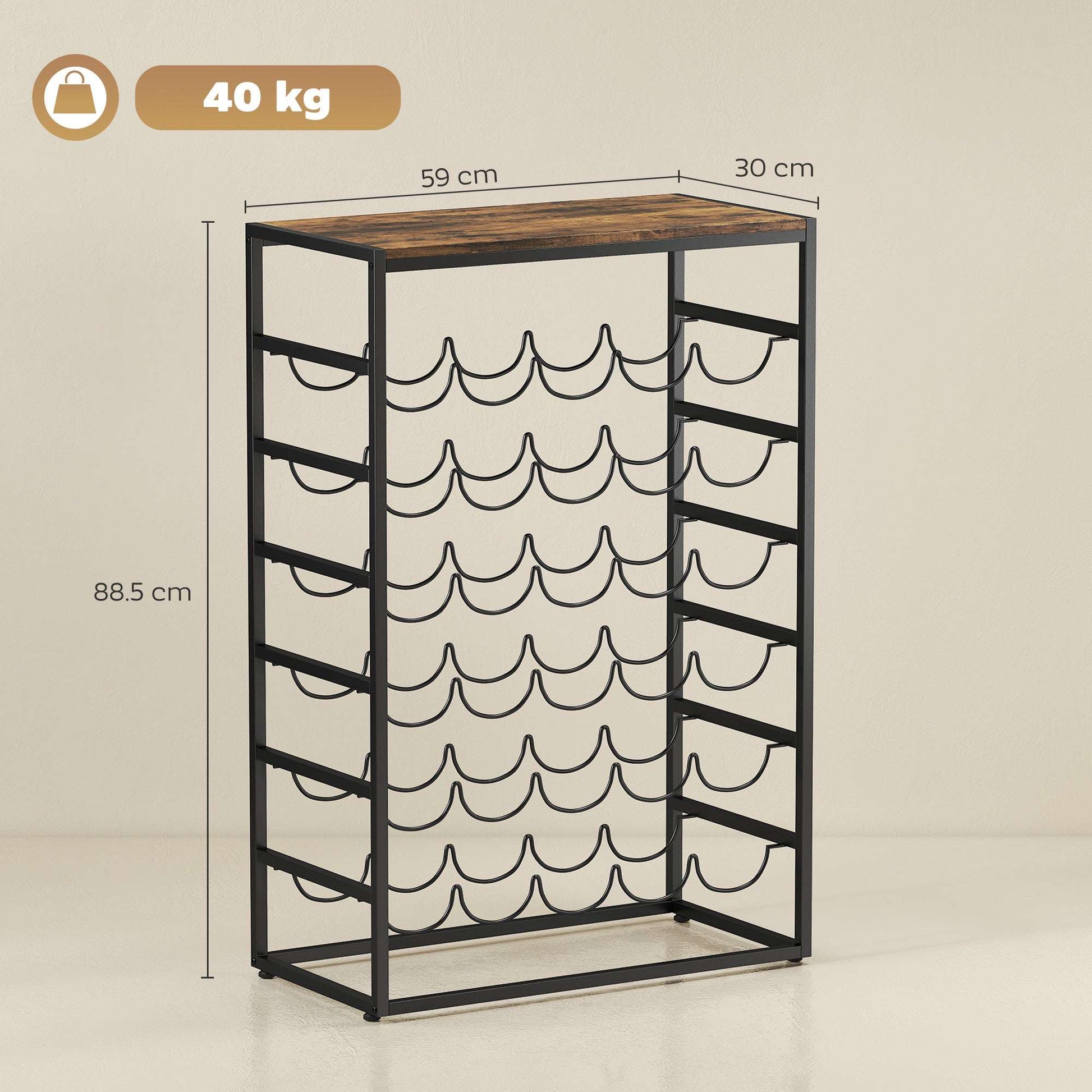 Freestanding Wine Rack | 6-Tier | 30 Bottles | Wood Effect Tabletop | Wave Slots | Anti-Tip | 59x30x88.5cm | Rustic Brown