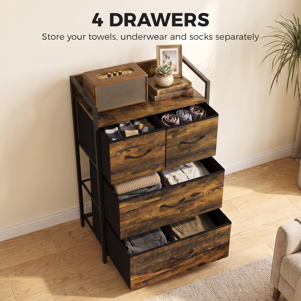 Rustic Chest of Four Fabric Drawers | Rustic Brown & Black | Particleboard Steel Linen | 50x29x85cm | 25kg Max Load | Adjustable Feet | Industrial Style | Bedroom Storage