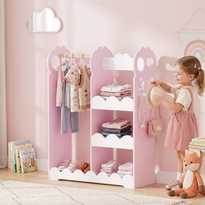 Kids Wardrobe with Full-Length Mirror | Clothes Rail | Open Shelves & Bottom Storage | P2 MDF | Acrylic Mirror | Pink Cloud-Print Design | 81x34x110cm | 10kg Shelf & 5kg Rail | Ages 3–12 | Pink