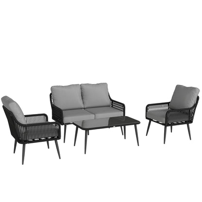 4 Piece Rattan Garden Furniture Set | Loveseat | 2 Chairs | Coffee Table | Tempered Glass | All-Weather PE Rattan | Galvanised Steel | Water-Repellent Cushions | 240kg | Black