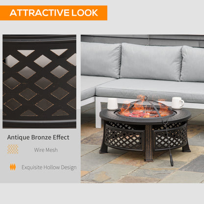 Outsunny Outdoor Fire Pit with Grill Net, Mesh Lid & Poker – Multifunctional BBQ & Bonfire Pit, Built-In Tabletop, Solid Steel, Bronze Tone