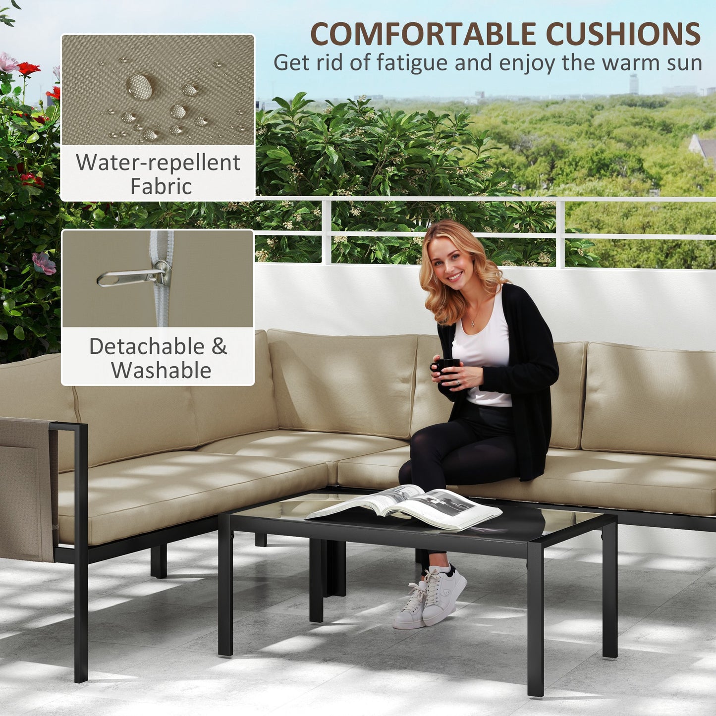 4 Piece Metal Garden Furniture Set with Tempered Glass Coffee Table, Breathable Mesh Pocket, Outdoor Conversational Corner Sofa, Khaki