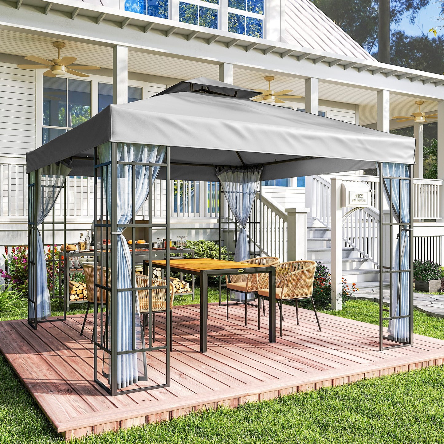 3x3m Permanent Garden Gazebo | 2-Tier Vented Polyester Roof | PA Coating Sun Protection | Removable Mosquito Netting | Solid Steel Frame | 8 Ground Stakes | 297x297x270cm | Eave Height 195cm | Light Grey