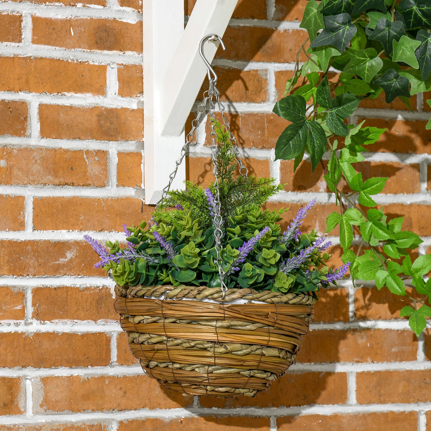 Outsunny 2 Piece Artificial Lisianthus Flower Hanging Planter with Basket for Indoor Outdoor Decoration, Purple