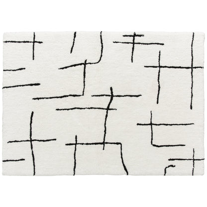 Modern Fluffy Geometric Area Rug | 100% Polyester High Pile | Washable | Cream Abstract Pattern | 170x120cm | Living Room Bedroom Dining Room Home Office
