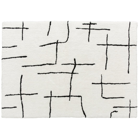 Modern Fluffy Geometric Area Rug | 100% Polyester High Pile | Washable | Cream Abstract Pattern | 170x120cm | Living Room Bedroom Dining Room Home Office