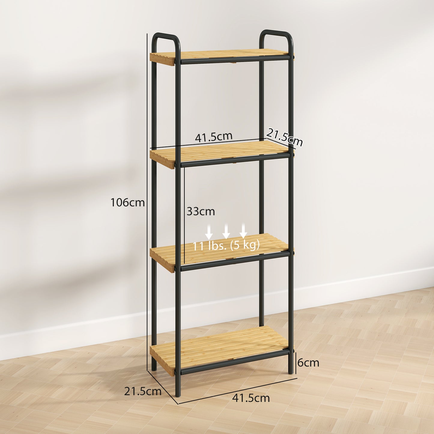 4-Tier Bamboo Bathroom Storage Shelf, Freestanding Narrow Shelving Unit with Slatted Shelves for Kitchen Bathroom Living Room, 41.5 x 21.5 x 106 cm, Natural and Black