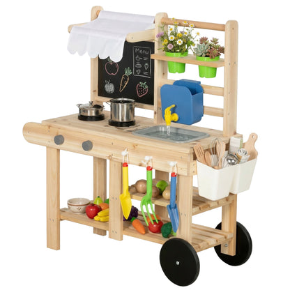 AIYAPLAY Mud Kitchen with Real Water Faucet Pretend Play Kitchen Playset with Sink and Storage Natural Wood