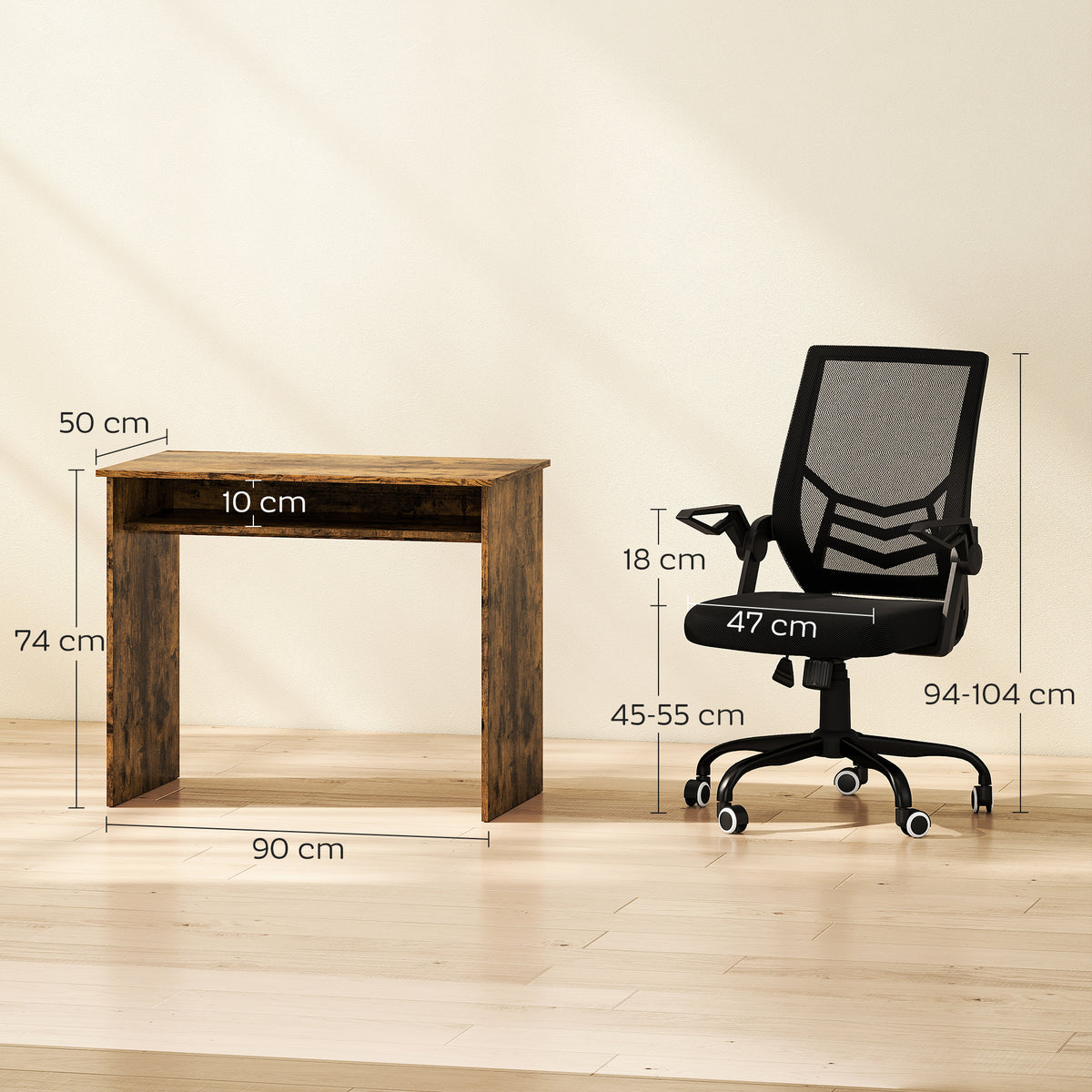 Home Office Furniture Set | Computer Desk with Storage Shelf | Ergonomic Mesh Chair | Flip-Up Armrests | Lumbar Support | Adjustable Height | Rustic Brown & Black