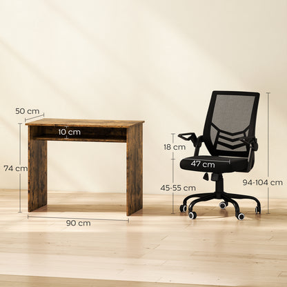 Home Office Furniture Set | Computer Desk with Storage Shelf | Ergonomic Mesh Chair | Flip-Up Armrests | Lumbar Support | Adjustable Height | Rustic Brown & Black