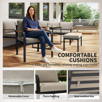 7-Piece 7-Seater Rattan Garden Furniture Set | 2 Loveseats | Armchair | Corner Chair | Footstool | WPC Table | 15cm Back Cushions | 120kg | Khaki