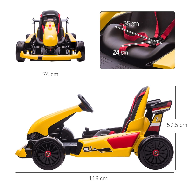 Electric Go Kart with Adjustable Footrest, Reversing Steering Wheel, Kids Ride-On Racing Go Kart with 12V Rechargeable Battery, 2 Speeds, Remote, Light Music Horn, Toy for Boys Girls