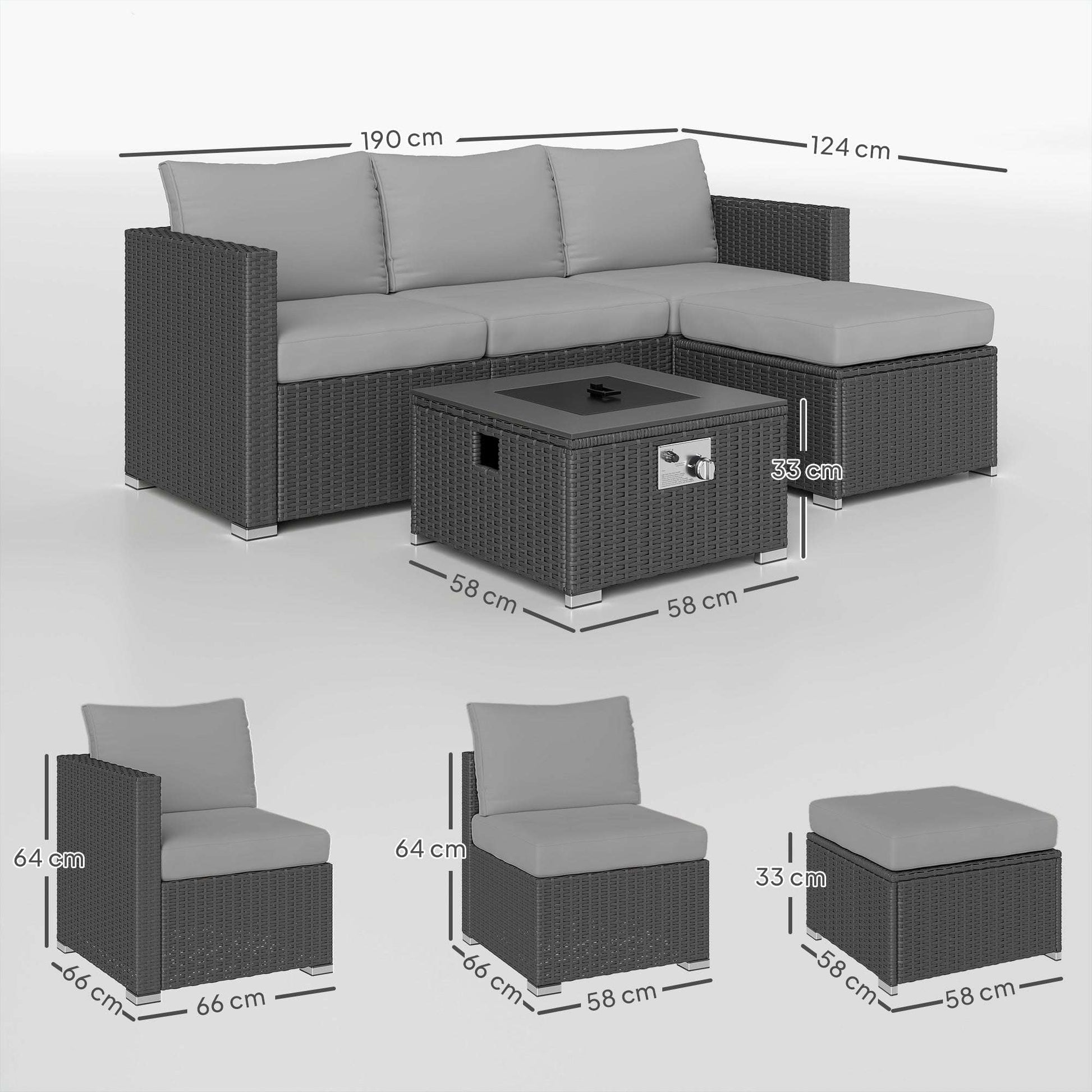 Outsunny Five Piece Rattan Garden Furniture Set with Gas Fire Pit Table and Footstool - Grey