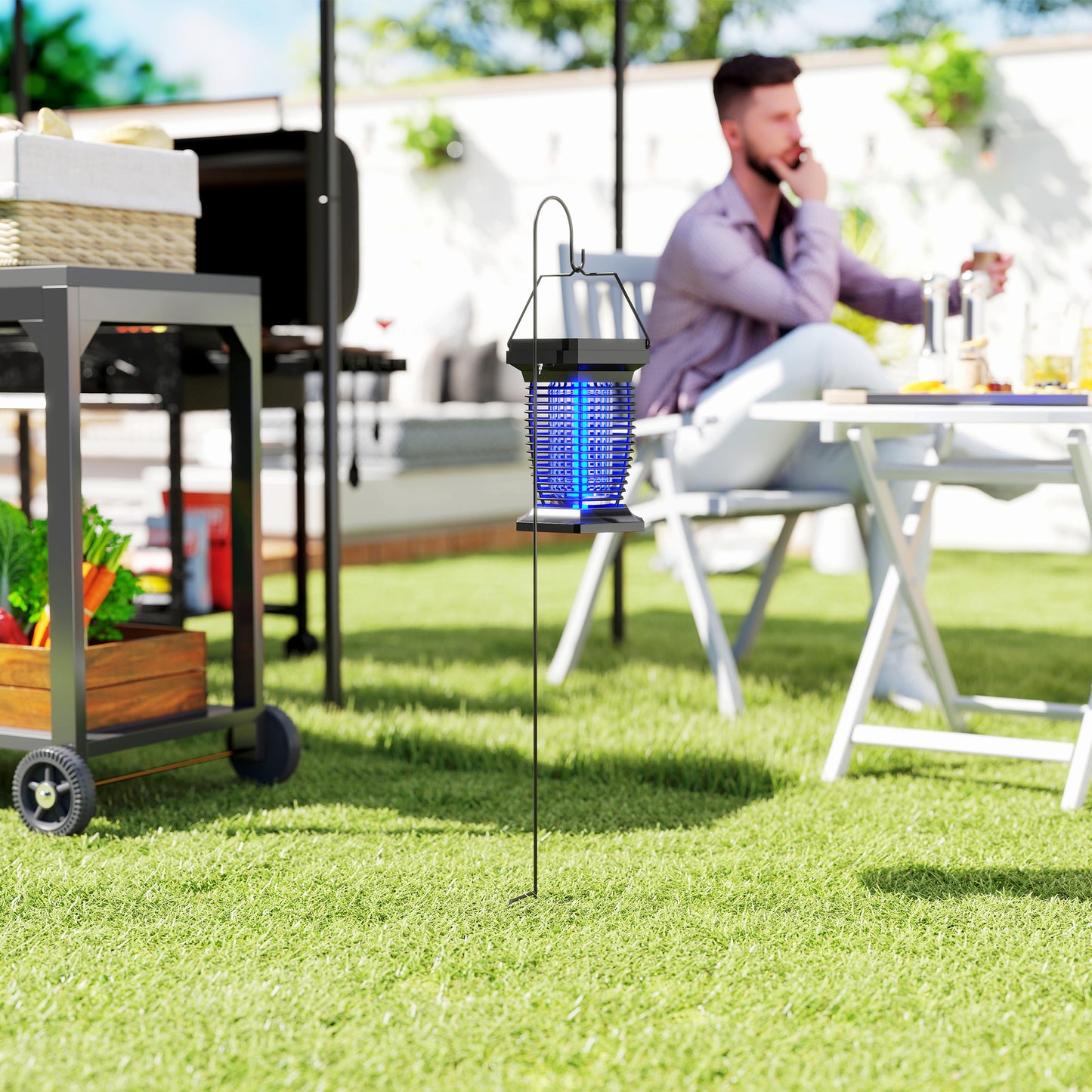 Outsunny 2-in-1 Electric Fly Zapper with UVA Light, Hanging Garden Lantern, Solar and USB-DC Rechargeable Insect Mosquito Bug Zapper, Fly Killer for Indoor and Outdoor Use, Black