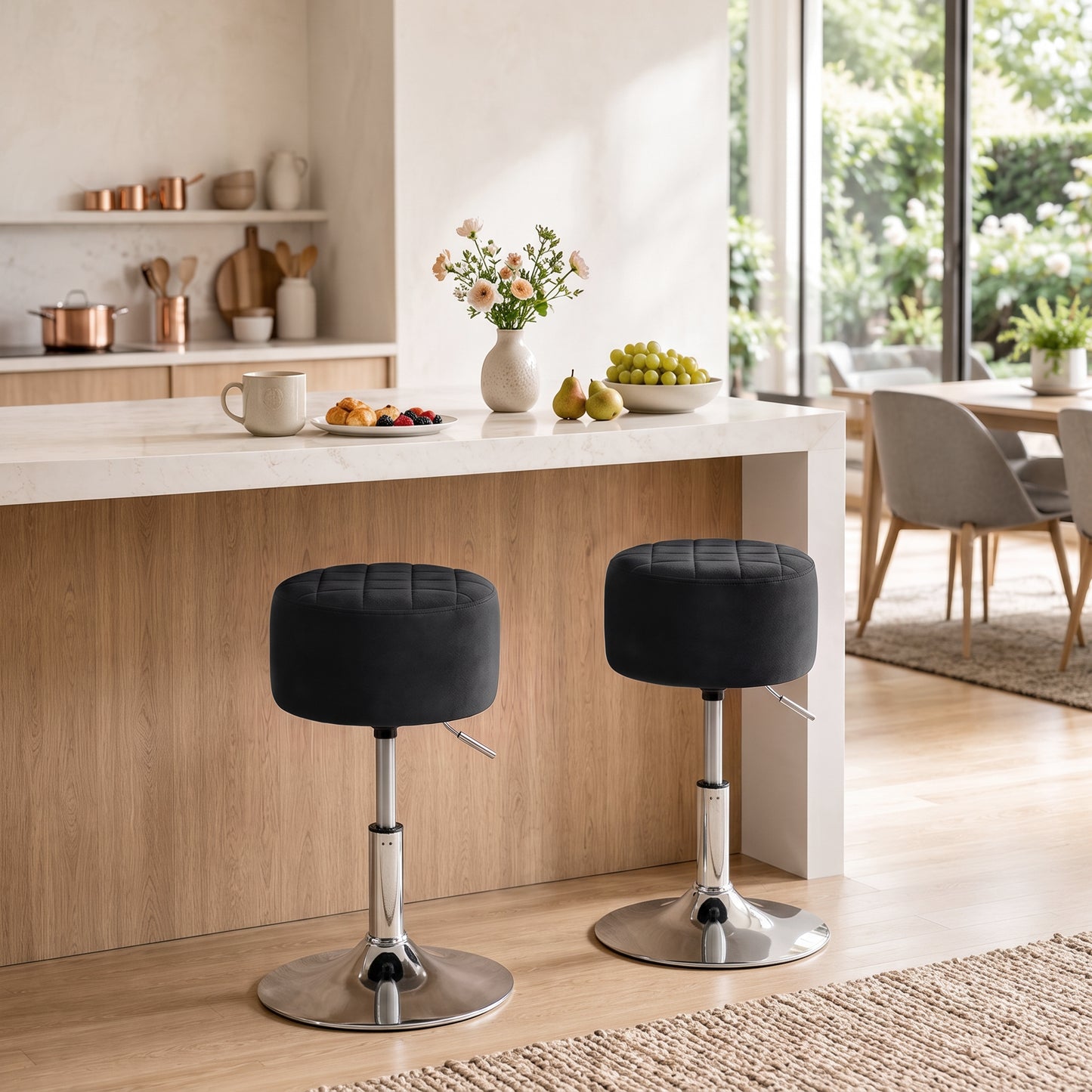 Adjustable Swivel Bar Stool | Velvet-Feel Seat | 17cm Cushion | Gas Lift 51–66cm | 360° Swivel | 120kg | Black / Grey
