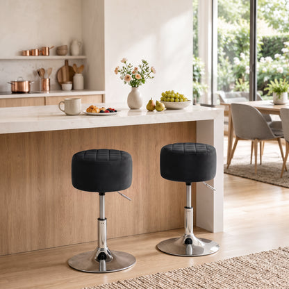Adjustable Swivel Bar Stool | Velvet-Feel Seat | 17cm Cushion | Gas Lift 51–66cm | 360° Swivel | 120kg | Black / Grey