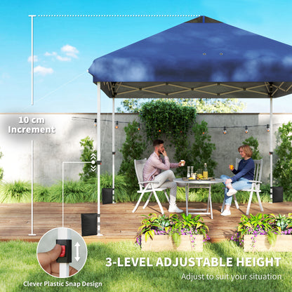 3x3m Pop-Up Gazebo with Flip-Down Wheels & One-Push Central Lock | UPF50+ 210D Oxford Fabric | Top Mesh Vent | 3-Height Adjustment | 4 Sandbags, 4 Guy Ropes & 12 Stakes | Carry Bag | 300x300x273cm | Dark Blue & White