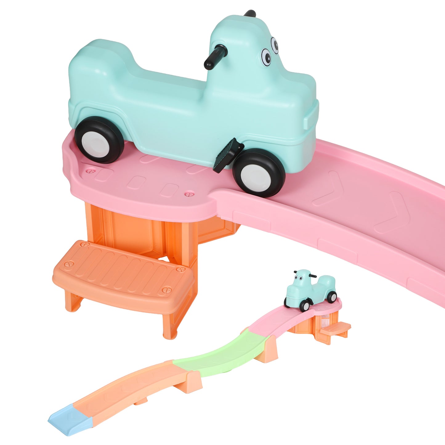 AIYAPLAY 3(m) Four-Piece Ride on Kids Roller Coaster w/ Non-Slip Steps, for Ages 2-5 Years - Orange