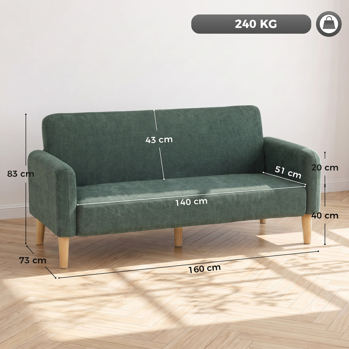 2 Seater Sofa | Dark Green Velvet-Feel Small Couch, 20cm Cushions & 240kg Capacity