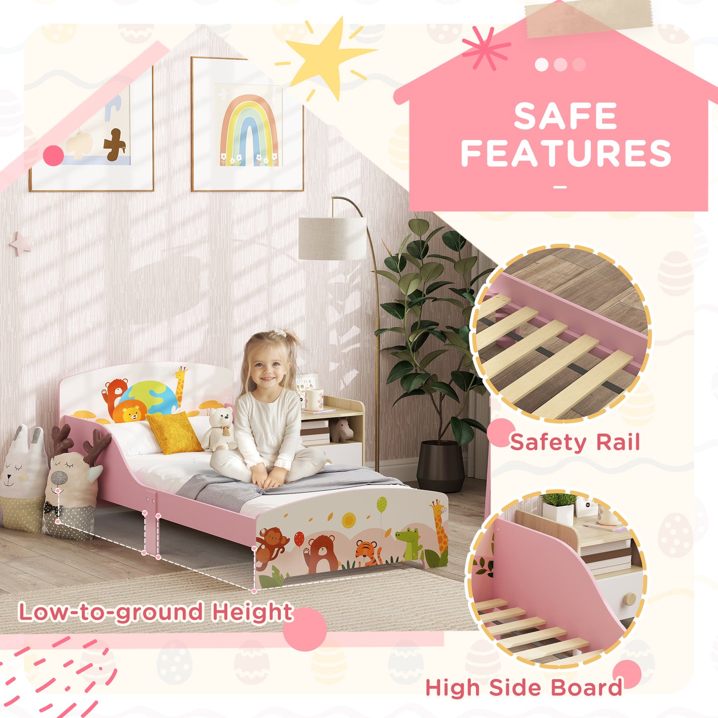 Cute Animal-Themed Toddler Bed w/ Safety Rails, 143 x 77 x 60cm