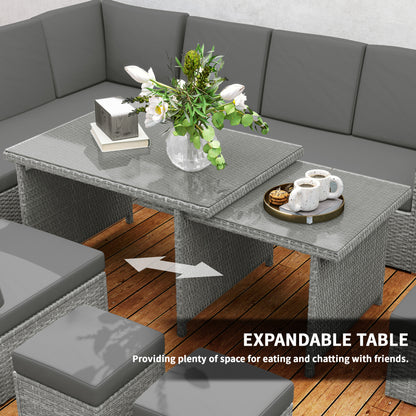7 Piece Rattan Garden Sofa Set Seats 10 | Corner Sofa | 3 Seater Sofa | 2 Armless Chairs | Expanding Dining Table | 5mm Tempered Glass | PE Rattan & Steel Frame | Washable Cushions | Light Grey
