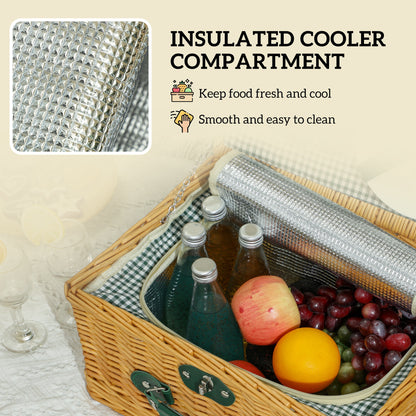 Wicker Picnic Basket for 2 Person with Cooler Compartment, Picnic Hamper with Cutlery Service Kits and Carry Handle for Camping, Outdoors