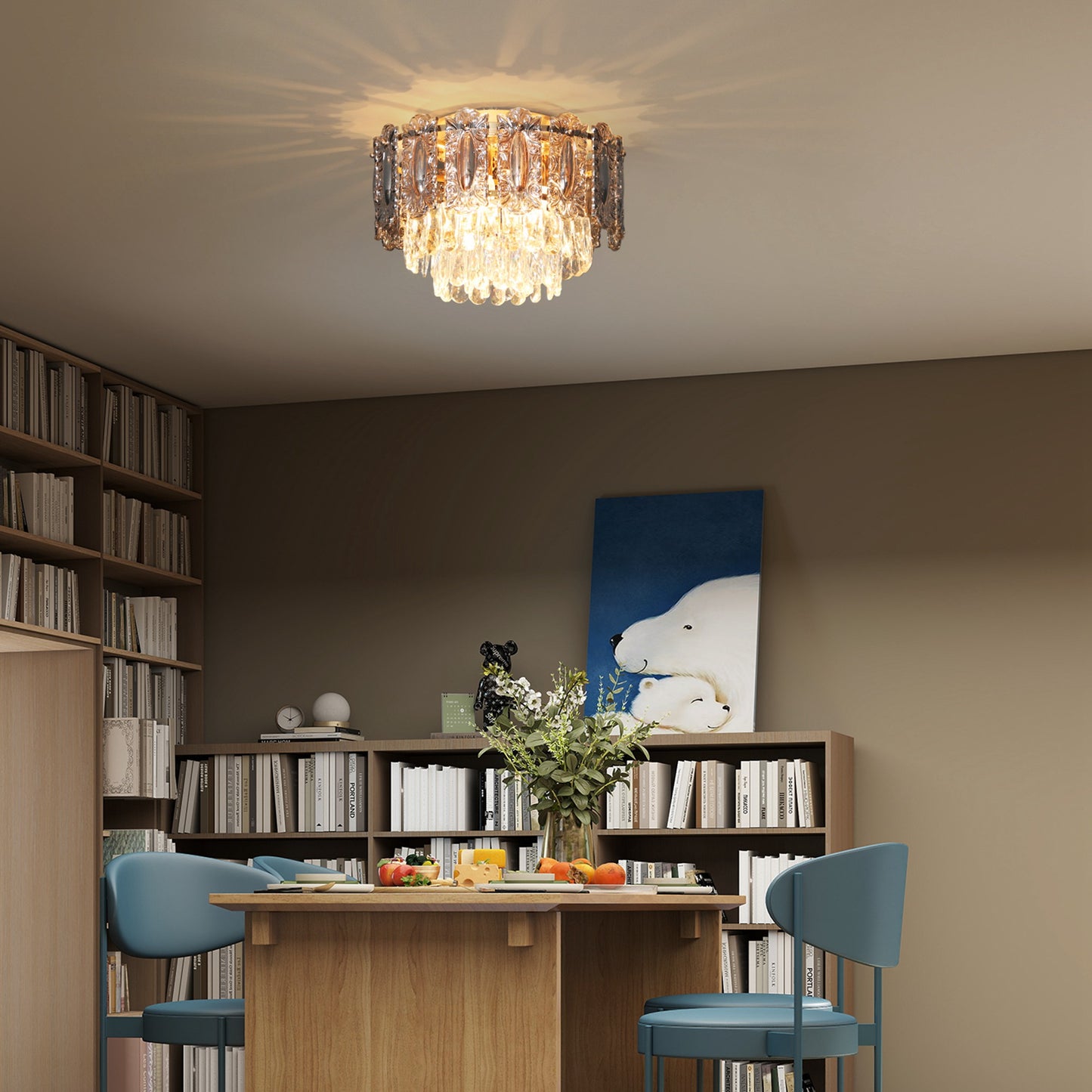 Chandelier Ceiling Light, 3-Light Vintage Flush Mount Fixture with Dual Crystal and Smoke Glass Shade, LED Ceiling Light for Living Room Bedroom, 3 E27 Sockets, Bulbs Not Included, Gold Tone