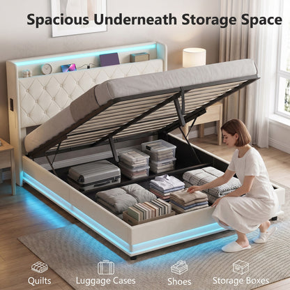 5ft King Ottoman Bed Frame | Cream Linen-Look Fabric | 214x157x113cm | Hydraulic Lift Storage 150x200x20cm | RGB LED Lights | USB-A & USB-C Charging | 300kg | EVA Noise Strips