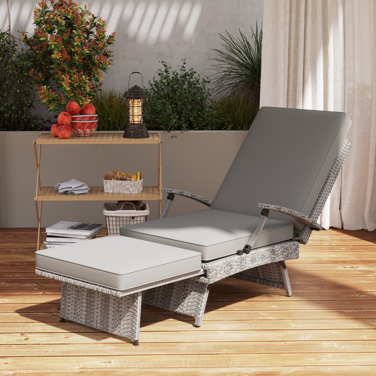 Outsunny 80° Reclining Rattan Lounger - Grey / White Beige