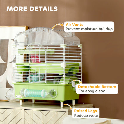 PawHut 3-Tier Hamster Cage with Transparent Top, Sand Bathroom, Exercise Wheel, Hideout Room, Tubes, 45 x 28 x 60 cm, Green