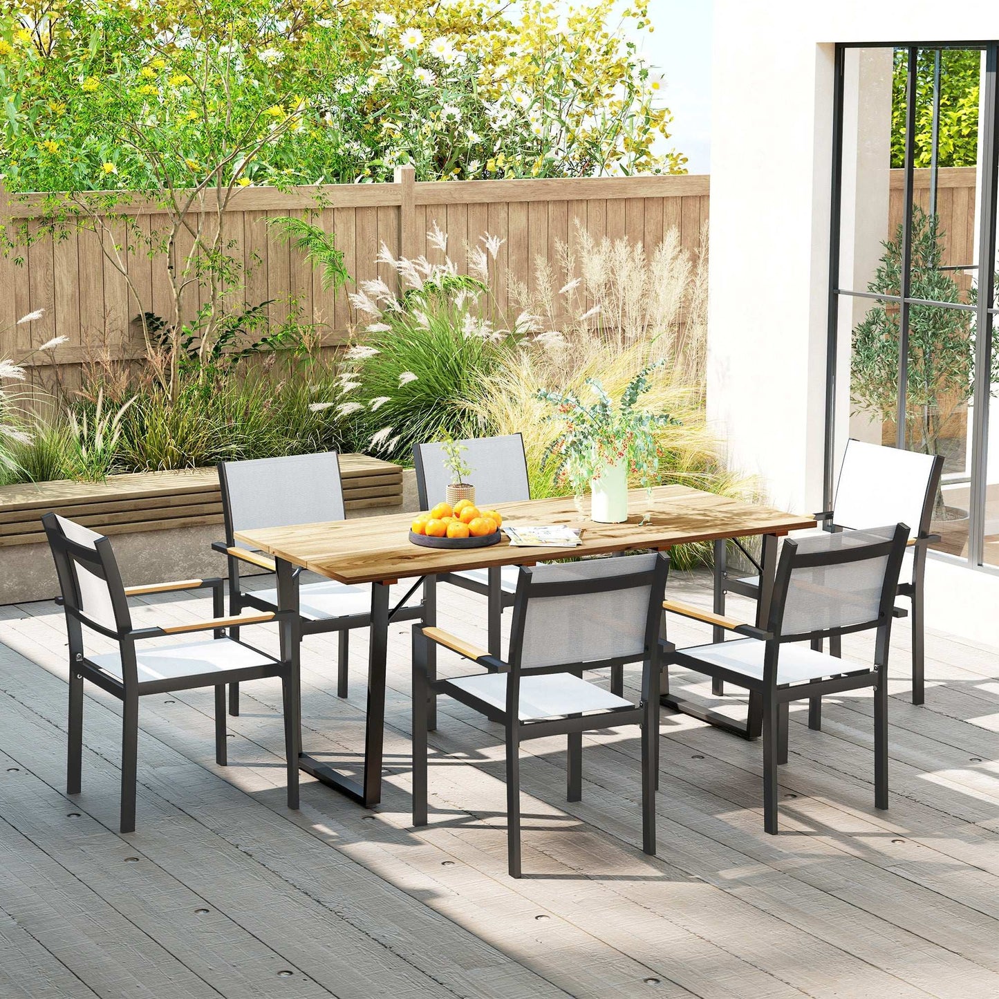 Garden Table for 6, 175 x 80 cm Large Rectangle Outdoor Dining Table with 5cm Parasol Hole and Slatted Top, Weather Resistant Fir Wood Patio Table